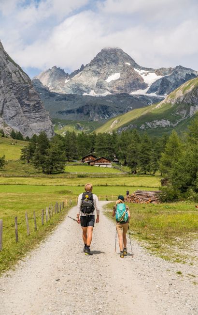 Zwei Wanderer gehen auf einem Schotterweg in einem üppig grünen Tal, das von hoch aufragenden Bergen eingerahmt wird