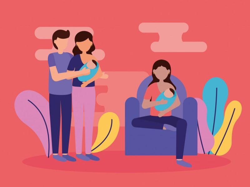 Eine digitale Illustration, die zwei Eltern zeigt, die ein Baby im Arm halten, während eine Frau auf einem Stuhl sitzt und ebenfalls ein Baby im Arm hält, auf einem bunten Hintergrund.