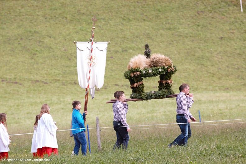 Ein kultureller Umzug mit Kindern in traditioneller Kleidung, die eine geschmückte Holzstruktur und ein Banner auf einer Wiese tragen.