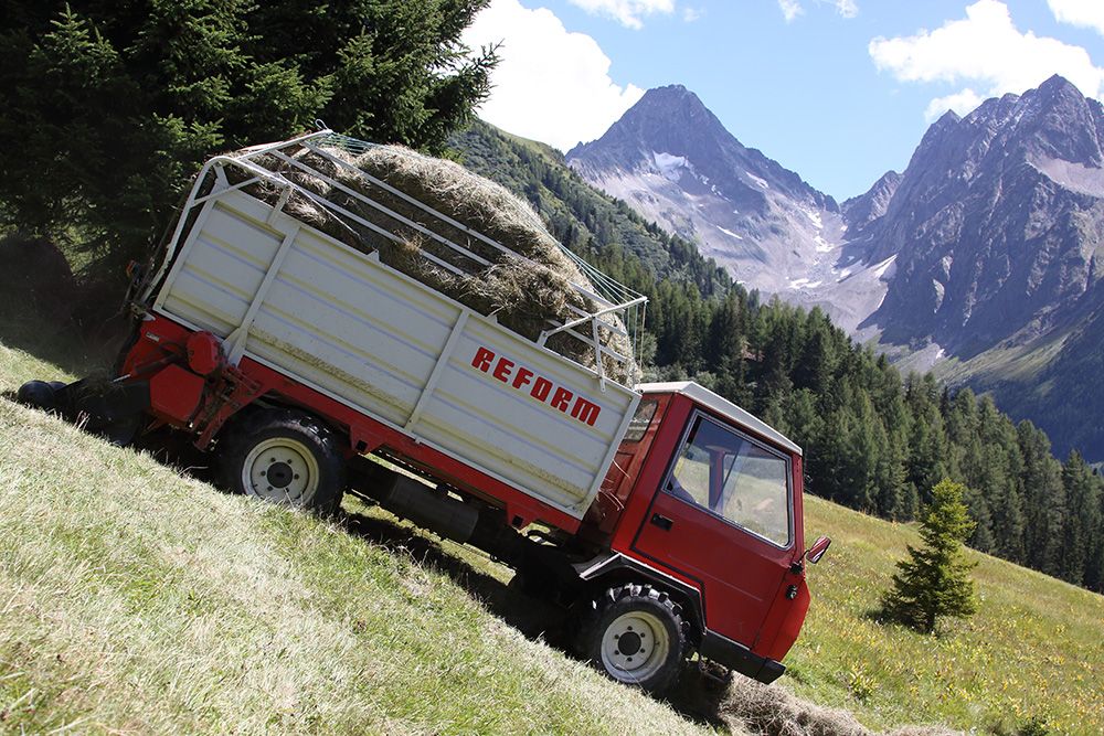 Ein roter Reform-LKW, beladen mit Heu, auf einem Hügel, mit majestätischen Bergen und blauem Himmel im Hintergrund.