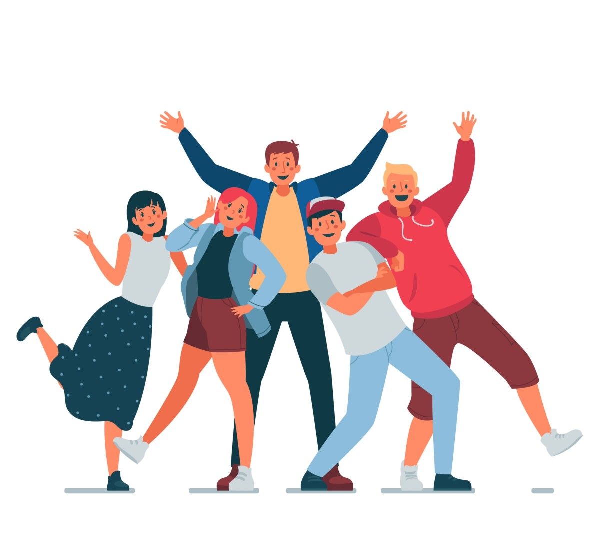 Eine Gruppe von fünf jungen Leuten, die freudig zusammen posieren und ihre Begeisterung mit erhobenen Armen und spielerischer Haltung zum Ausdruck bringen.