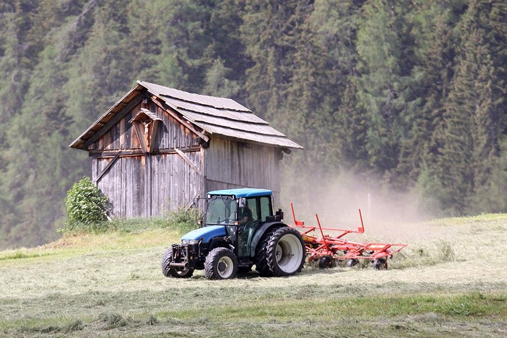 Ein blauer Traktor pflügt ein grasbewachsenes Feld in der Nähe einer rustikalen Holzscheune, umgeben von üppigen Bäumen und Staubwolken von der Arbeit.