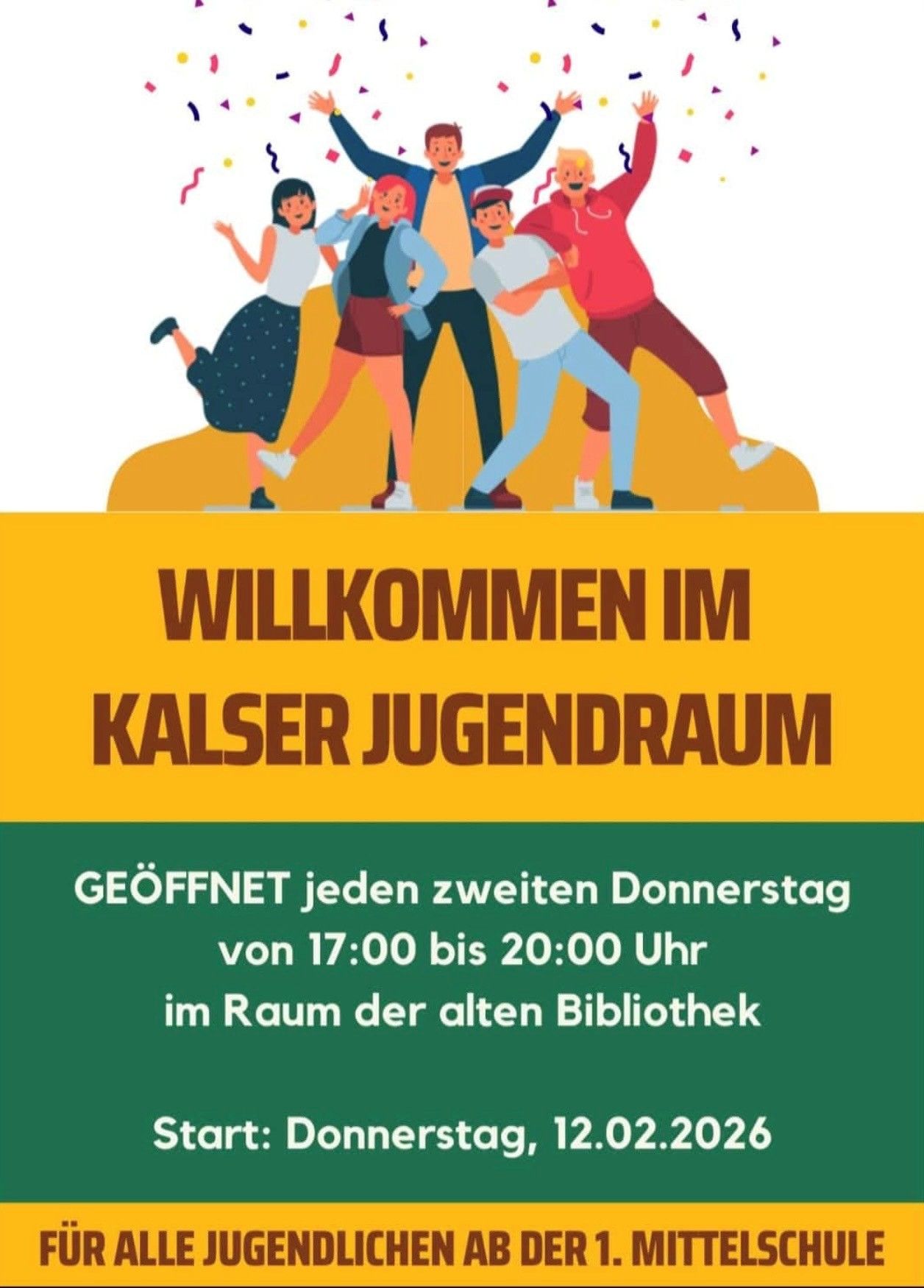 Eine Gruppe von fünf jungen Leuten, die freudig zusammen posieren und ihre Begeisterung mit erhobenen Armen und spielerischer Haltung zum Ausdruck bringen.